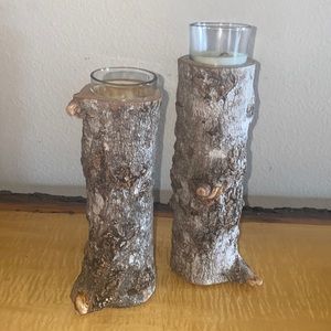 Pair of rustic log candle holders